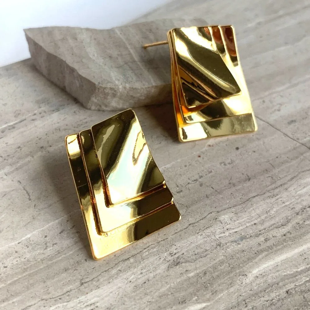 NEW ~ Anthropologie Gold Stacked Square Post Earrings